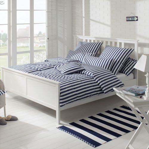 elegante bed-linen Perkal Streifen Bettwäsche Marine 200x200 inkl.80x80